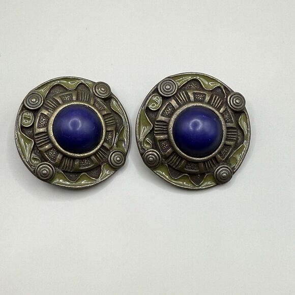 VTG Art Deco Geometric Clipon Earrings Round Abstract Blue Cabochon Enamel Golan - Picture 5 of 6